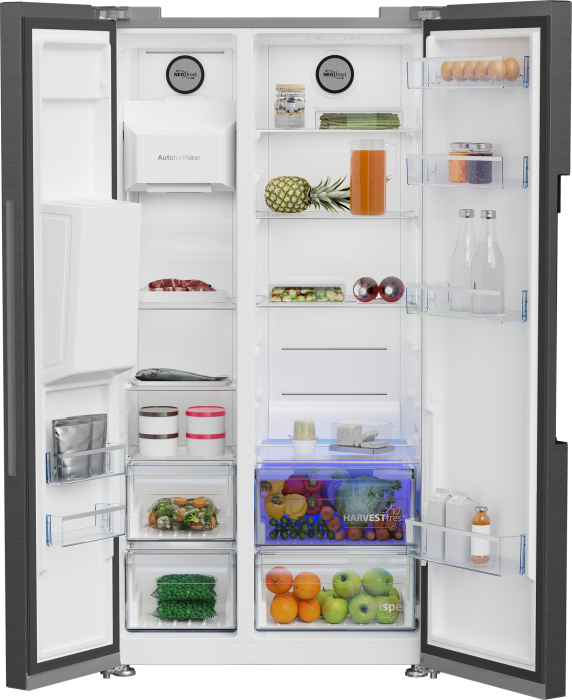 Side by side Beko GN162340XBRN, 571 l, Clasa E, NeoFrost Dual Cooling, HarvestFresh, Ice fall, Water dispenser, Compresor inverter, Display touch control, H 179 cm, Dark Inox [3]