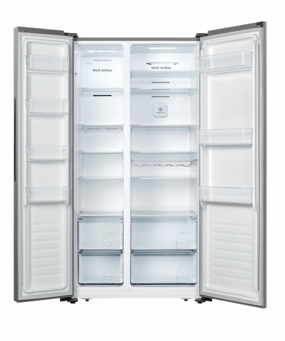 Side by Side Heinner HSBS-HS519NFXE++, 519L, 2 Uși, Răcire No-Frost, Congelator 185L, Frigider 334L, Compresor Inverter, Display Touch, Sistem Multi Air-Flow, Clasă energetică E, Aspect Inox [1]