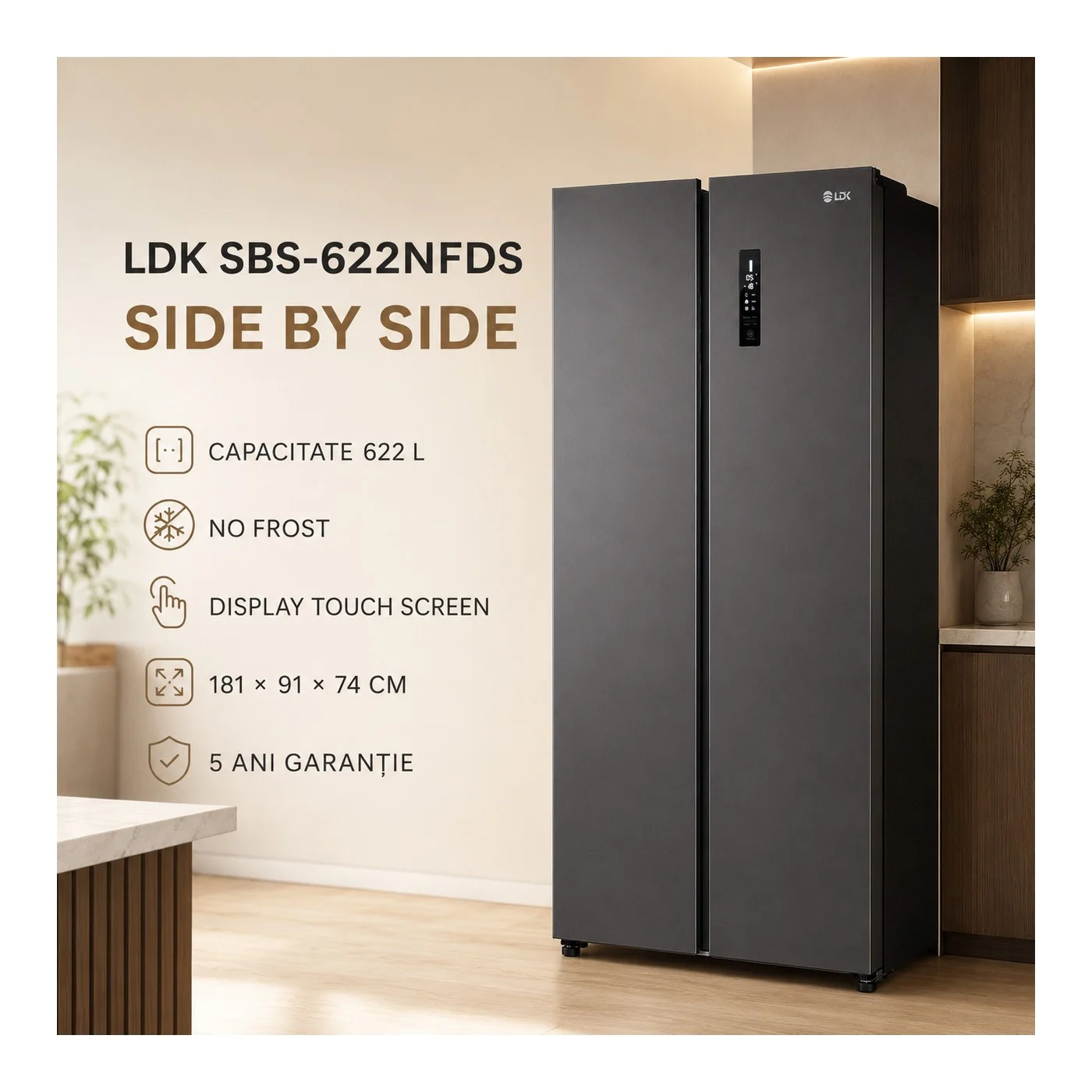 Side by Side LDK SBS-622NFDS, Clasa E, Capacitate 622 l, No Frost, Display Control Touch, Racire rapida, Congelare rapida, H 181 cm, Dark Inox [13]
