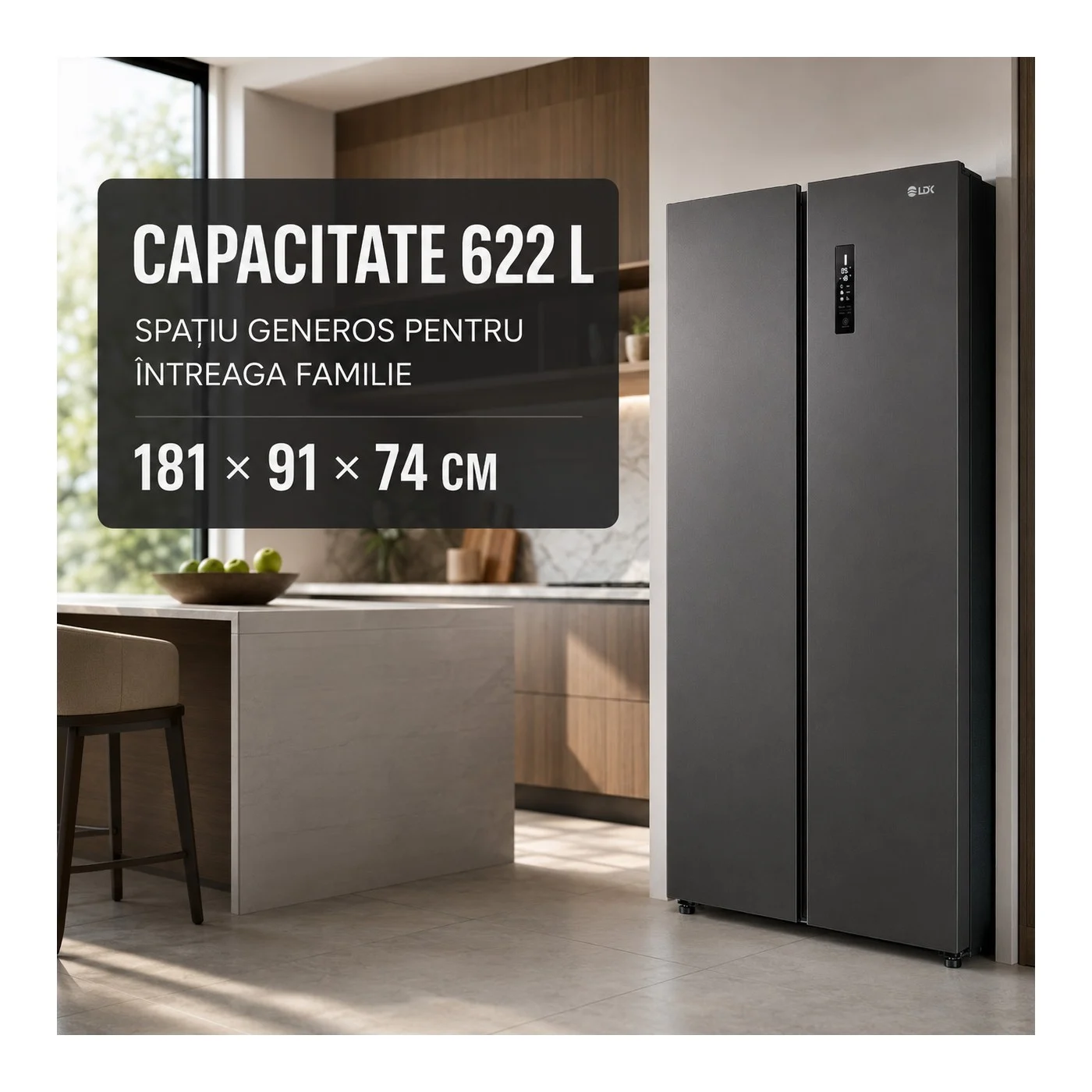 Side by Side LDK SBS-622NFDS, Clasa E, Capacitate 622 l, No Frost, Display Control Touch, Racire rapida, Congelare rapida, H 181 cm, Dark Inox [12]