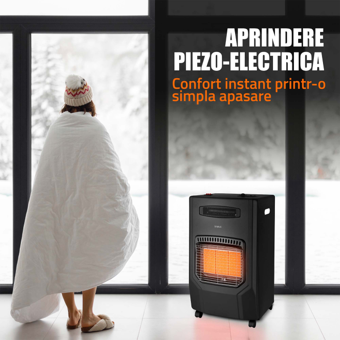 Soba pe gaz cu ventilator Samus RS425H, Aprindere piezoelectrica, 3 trepte putere 1.5–4.2 kW, Senzor ODS, Roti transport [3]