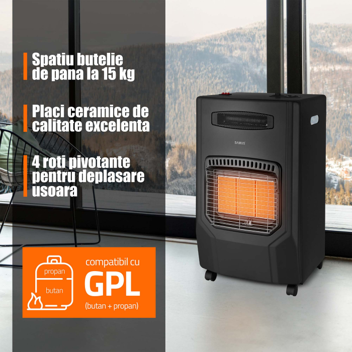 Soba pe gaz cu ventilator Samus RS425H, Aprindere piezoelectrica, 3 trepte putere 1.5–4.2 kW, Senzor ODS, Roti transport [4]