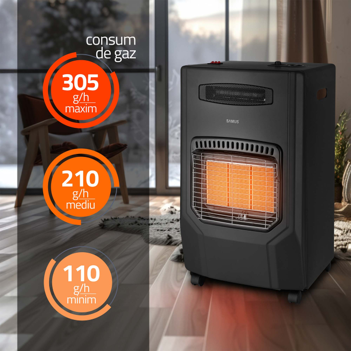 Soba pe gaz cu ventilator Samus RS425H, Aprindere piezoelectrica, 3 trepte putere 1.5–4.2 kW, Senzor ODS, Roti transport [5]