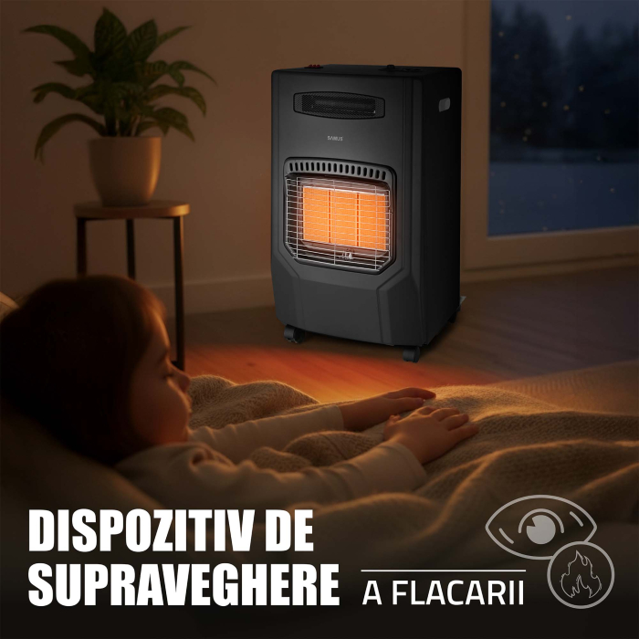 Soba pe gaz cu ventilator Samus RS425H, Aprindere piezoelectrica, 3 trepte putere 1.5–4.2 kW, Senzor ODS, Roti transport [7]