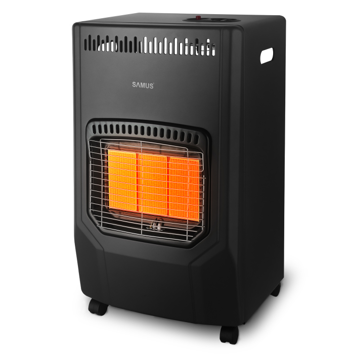 Soba pe gaz Samus RS423, Aprindere piezoelectrica, 3 trepte putere 1.5–4.2 kW, Senzor O2, Comutator anti-rasturnare, Roti transport [2]
