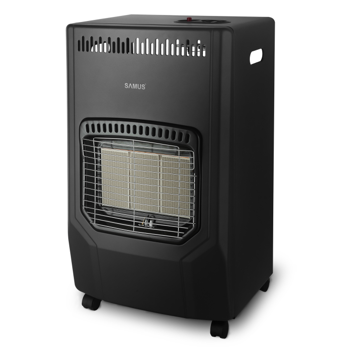 Soba pe gaz Samus RS423, Aprindere piezoelectrica, 3 trepte putere 1.5–4.2 kW, Senzor O2, Comutator anti-rasturnare, Roti transport [3]