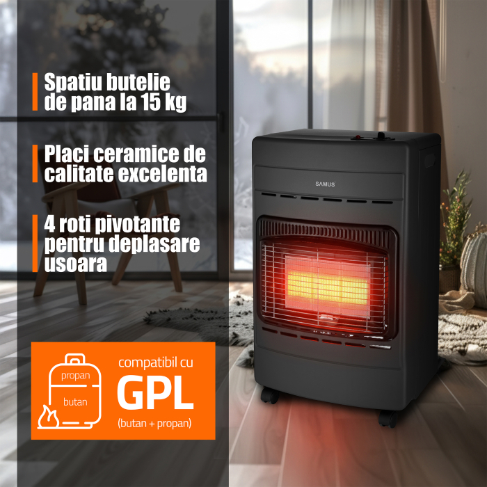 Soba Samus RS424P pe GAZ-GPL, Aprindere piezoelectrica, Trei trepte de putere 4.2 kW, 40 mp [11]