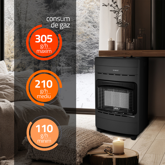 Soba Samus RS424P pe GAZ-GPL, Aprindere piezoelectrica, Trei trepte de putere 4.2 kW, 40 mp [7]