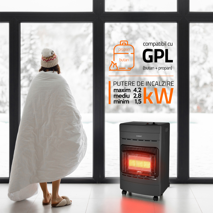 Soba Samus RS424P pe GAZ-GPL, Aprindere piezoelectrica, Trei trepte de putere 4.2 kW, 40 mp [12]