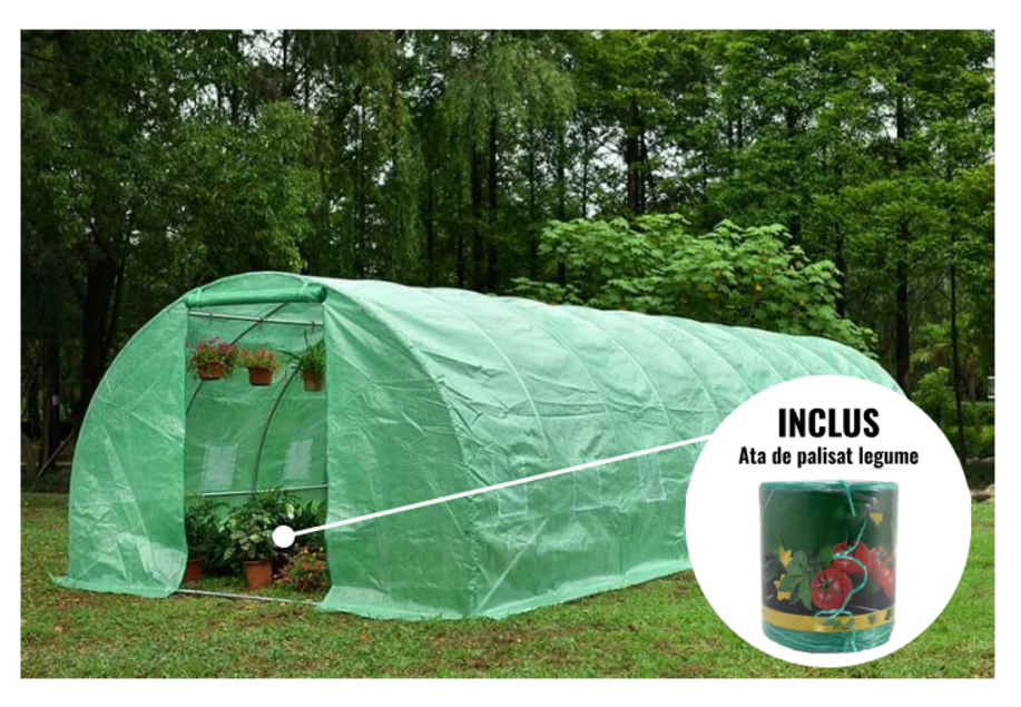 Solar de legume 3 x 2 x 10 m, suprafata 30 m², folie UV4 verde din polietilena armata + Cadou ata de palisare [1]