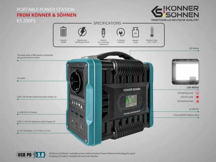 Statie acumulator portabil pentru incarcare electrica, UPS, PowerBank - 222Wh, 200W - KS-200PS din gama de surse de curent / power banks [4]