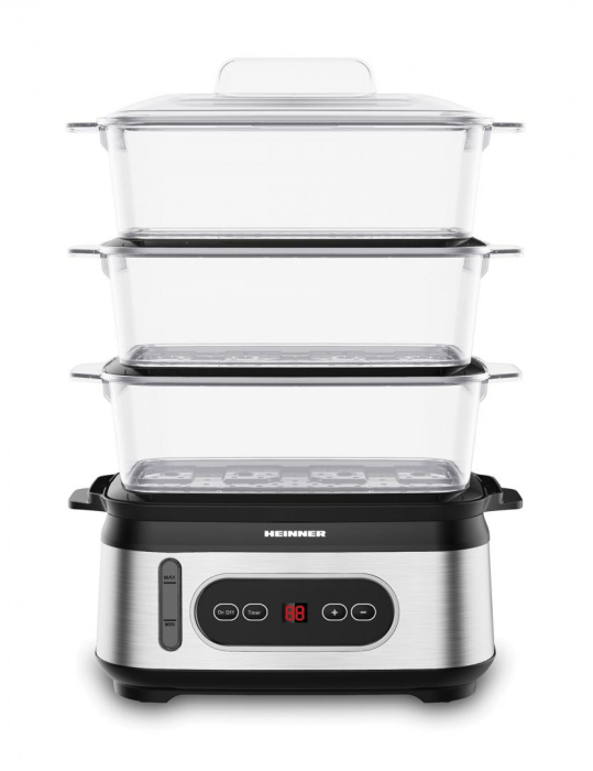 Aparat de Gătit cu Aburi Heinner OneSteam HSA-D950SS, 950 W, Capacitate 9 L, 3 Vase, Rezervor Apă 1,5 L, Display LED, Control Digital, Timer 60 Min, Protecție Funcționare Fără Apă [2]