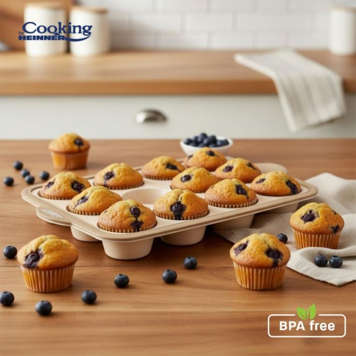 Tavă pentru Brioșe Cooking by Heinner NUVA, 38 x 25,5 x 4 cm, Silicon cu Inel Metalic, Cupe 7 x 3,5 cm, Formă de Copt Antiaderentă [2]