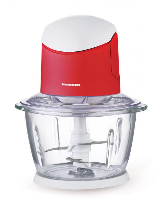 Tocator de legume Heinner HMC-K500WHR, 500W, 1 l, 2 cutite din inox, angrenaj metalic, baza anti-alunecare, bol sticla, sistem de siguranta, alb/rosu [1]