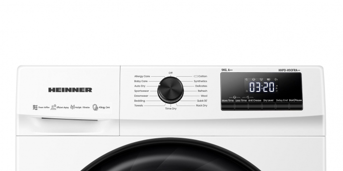 Uscător de Rufe cu Pompa de Căldură HEINNER HHPD-H90FRA++, 9 kg, 15 Programe, Panou Digital, Program Rapid 30 min, Suport Încălțăminte, Alb [3]