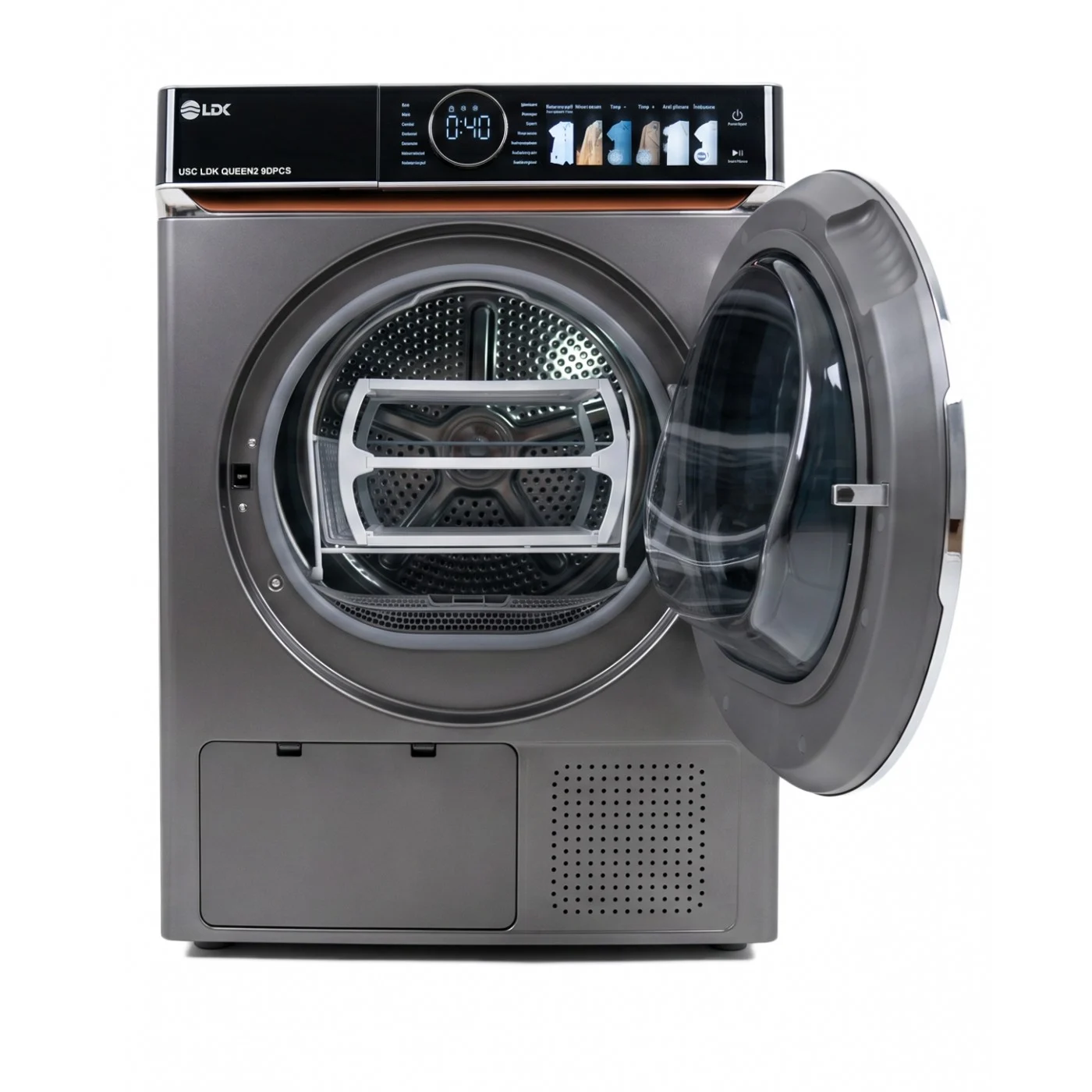 Uscator de rufe cu pompa de caldura LDK QUEEN2 9DPCS, Clasa E, Capacitate 9 Kg, 14 programe, Calcare usoara, Selectare nivel uscare, Suport uscare incaltaminte, Argintiu [4]