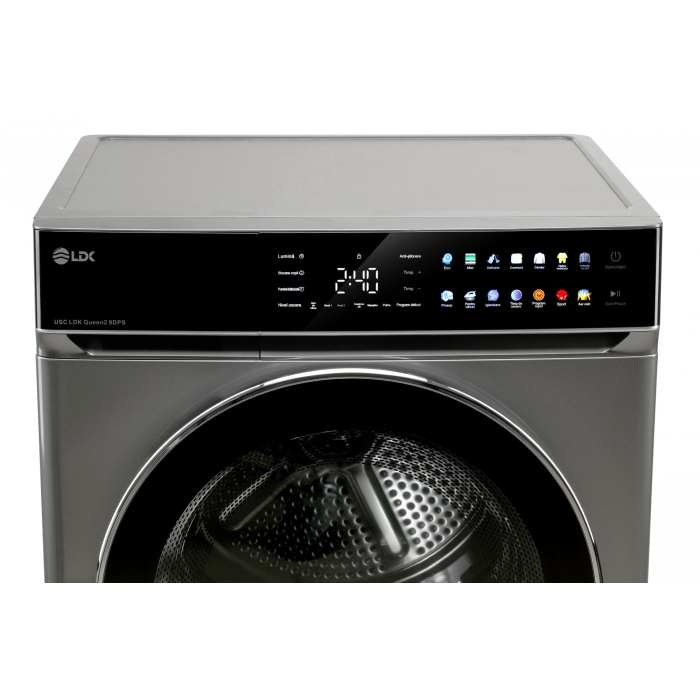Uscator de rufe cu pompa de caldura LDK QUEEN2 9DPS, Clasa E, Capacitate 9 Kg, 14 programe, Antisifonare, Calcare usoara, Selectare nivel uscare, Suport uscare incaltaminte, Argintiu [2]