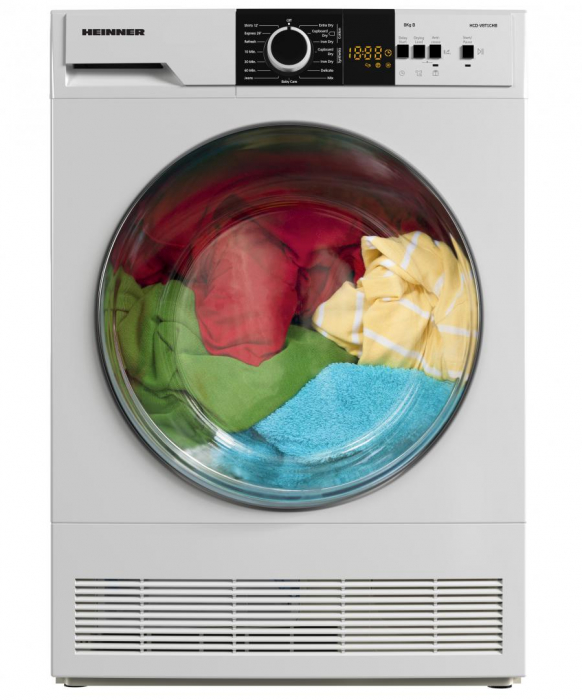 Uscator de rufe Heinner HCD-V8T1CHB, 8 kg, 15 programe, Clasa B, Display LED, Lumina cuva, Indicator curatare filtru scame, Blocare acces copii, Alb [1]