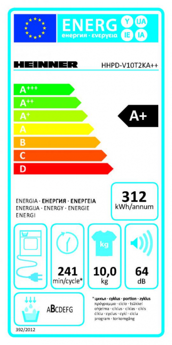 Uscator de rufe Heinner HHPD-V10T2KA++, Pompa de caldura, 10 kg, 15 programe, Clasa A+/E, Iluminat cuva, Usa reversibila, Indicator rezervor colectare apa plin, Blocare acces copii, Alb [2]
