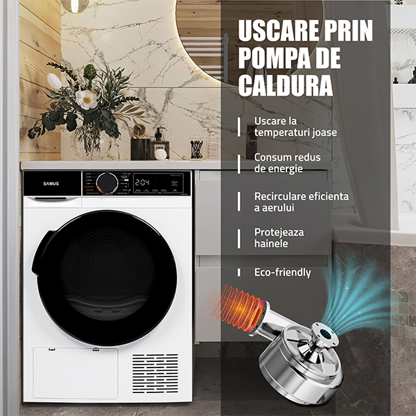 Uscător de rufe Samus SADP‑835, 8 kg, pompă de căldură, 15 programe, display electronic, clasa A++ [10]