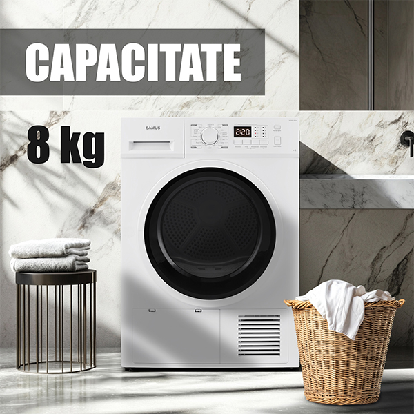Uscător de rufe Samus SGDP‑824, 8 kg, pompă de căldură, 16 programe (Blugi, Lenjerie, Sport), display electronic, clasa E [9]