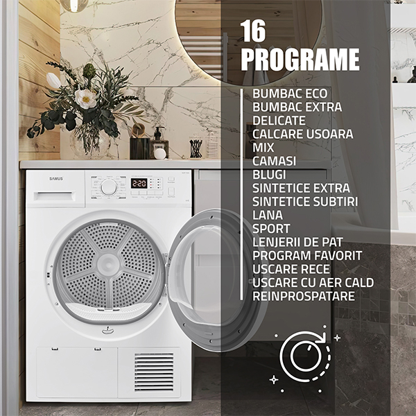 Uscător de rufe Samus SGDP‑824, 8 kg, pompă de căldură, 16 programe (Blugi, Lenjerie, Sport), display electronic, clasa E [12]