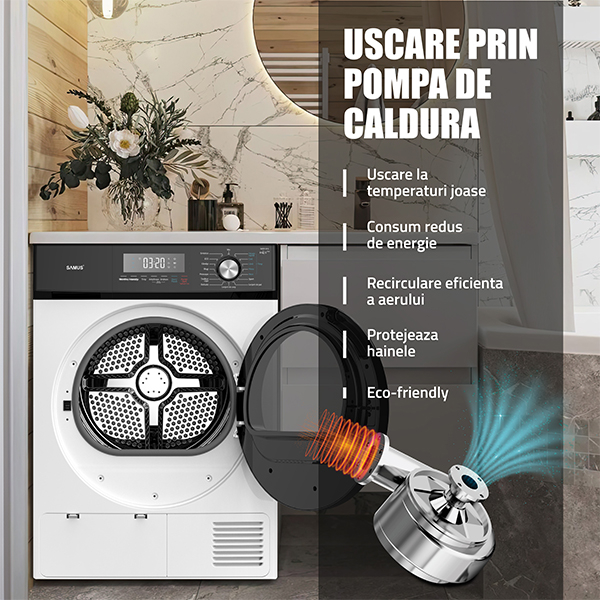 Uscator de rufe Samus SWDP-816, 8 kg, pompa de caldură, 16 programe, afișaj electronic, funcție anti-sifonare, clasa E, alb [8]