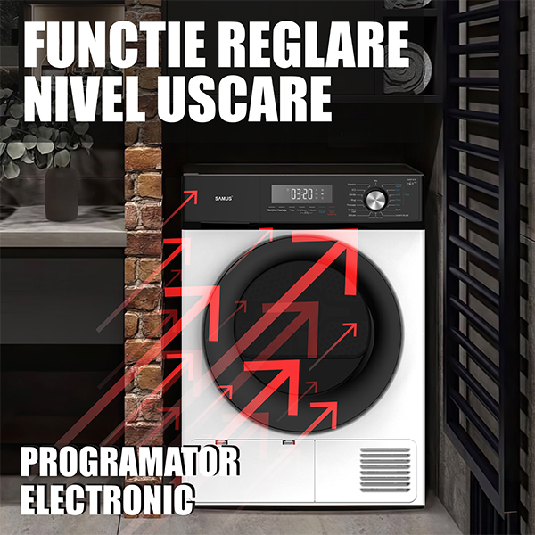 Uscator de rufe Samus SWDP-816, 8 kg, pompa de caldură, 16 programe, afișaj electronic, funcție anti-sifonare, clasa E, alb [21]