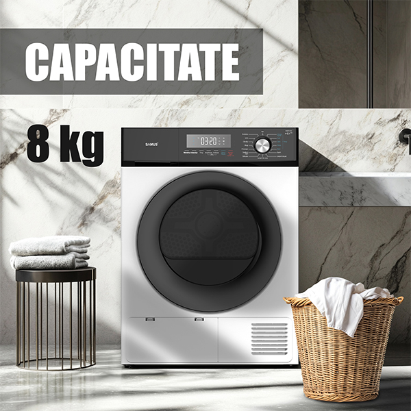 Uscator de rufe Samus SWDP-816, 8 kg, pompa de caldură, 16 programe, afișaj electronic, funcție anti-sifonare, clasa E, alb [7]