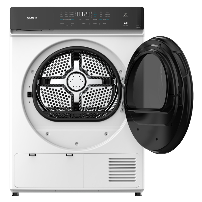 Uscător de rufe Samus SWDP-918, cu pompă de căldură, 9 kg, 18 programe, Afișaj electronic, Alb [2]