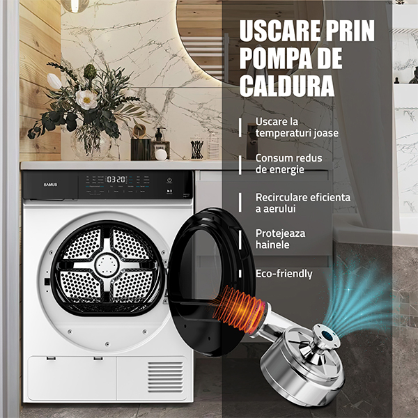 Uscător de rufe Samus SWDP-918, cu pompă de căldură, 9 kg, 18 programe, Afișaj electronic, Alb [7]