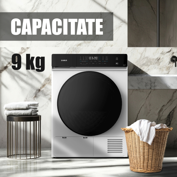 Uscător de rufe Samus SWDP-918, cu pompă de căldură, 9 kg, 18 programe, Afișaj electronic, Alb [6]