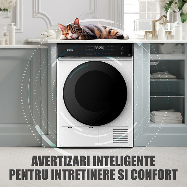 Uscător de rufe Samus SWDP-918, cu pompă de căldură, 9 kg, 18 programe, Afișaj electronic, Alb [24]