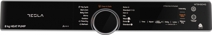 Uscator de rufe Tesla WT8H91MS, Pompa de caldura, 8kg, Clasa A++, Motor Inverter, 14 programe, Ajustare intensitate uscare, Anti Sifonare, Sistem Child Lock, Delay Start, Silver [3]