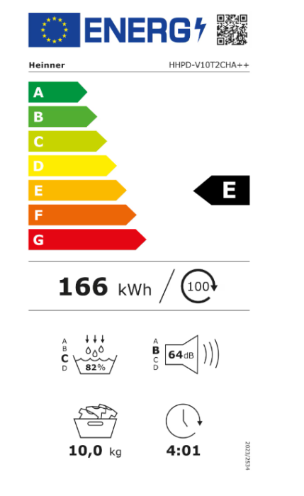 Uscător Heinner HHPD-V10T2CHA++, Pompa de caldura, 10 kg, Clasa E, 15 programe, Display LED, Usa reversibila, Lumina cuva, Alb [2]