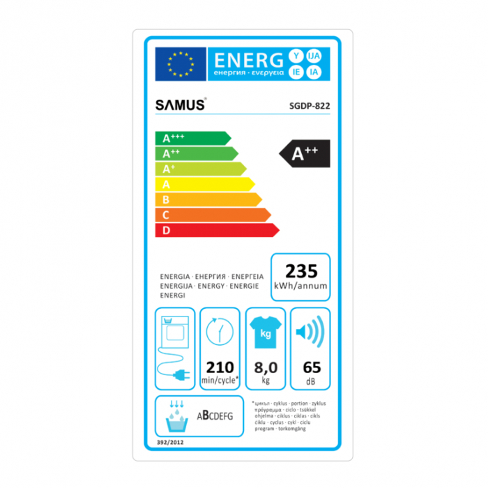Uscator rufe automat Samus SGDP-822, pompa de caldura, 8 kg, clasa A++, functie anti-sifonare, blocare acces copii, optiune pornire intarziata, Alb [3]