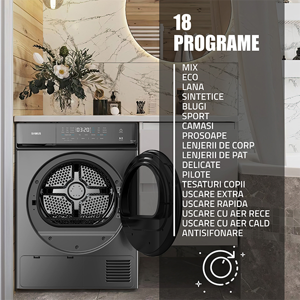 Uscător rufe cu pompă de căldură Samus SWDP-919DS, 9 kg, 18 programe, Afișaj electronic, Gri închis [9]