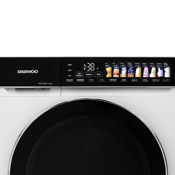 Uscator rufe Daewoo, 9 kg, pompa de caldura, clasa E, butoane touch, panou de control negru cu pictograme mari colorate, usa dubla neagra cu inel cromat, culoare Alb [5]