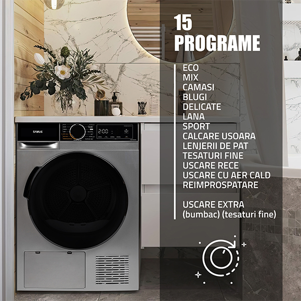 Uscator de rufe Samus SADP 836DS, Pompa Caldura, 8 kg, 15 Programe, Afisaj Electronic, Igienizare UV, Gri Inchis [8]