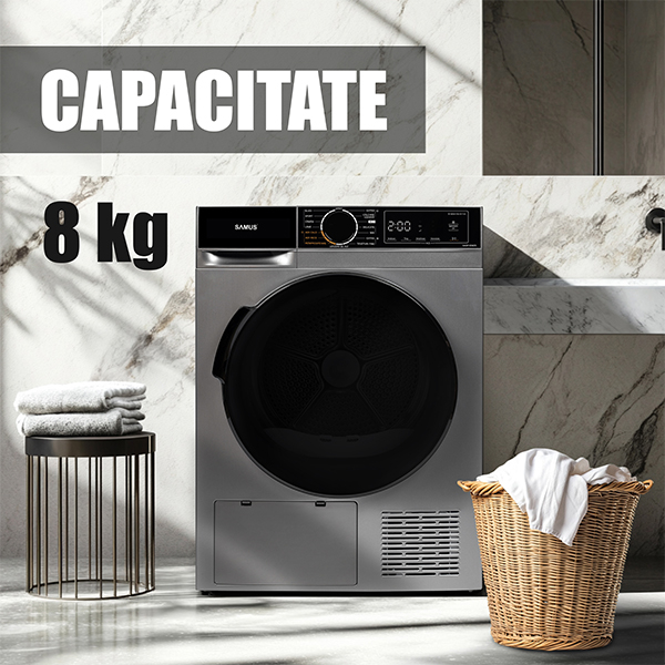 Uscator de rufe Samus SADP 836DS, Pompa Caldura, 8 kg, 15 Programe, Afisaj Electronic, Igienizare UV, Gri Inchis [5]
