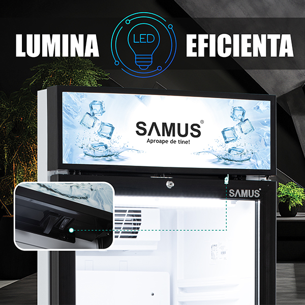 Vitrina frigorifica Samus VS380D, 346 L, Sistem racire ventilator, 5 rafturi ajustabile, Dezghetare automata, Lumina LED Alb/Negru [20]