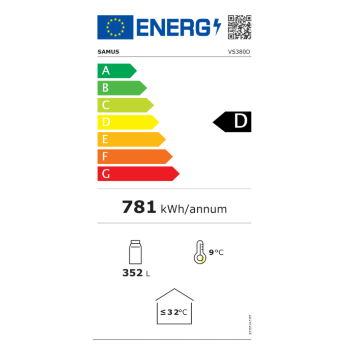 Vitrina frigorifica Samus VS380D, 346 L, Sistem racire ventilator, 5 rafturi ajustabile, Dezghetare automata, Lumina LED Alb/Negru [15]
