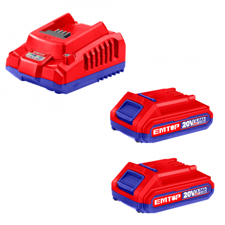 Acumulatori scule electrice - Set 2 x Acumulatori EMTOP ELBCPK1222, 20V, 2.0Ah Li-Ion + Încărcător Rapid P20S