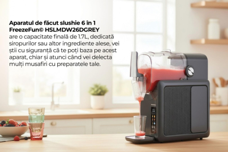 Aparat de facut granita 6 in 1 Heinner FreezeFun HSLM-DW26DGREY, 220 W, Capacitate totala: 2.6 l, Capacitate ingrediente: 1.9 l, Ecran LED si control tactil, 6 functii: slushie, bere, vin, mix bauturi [7]