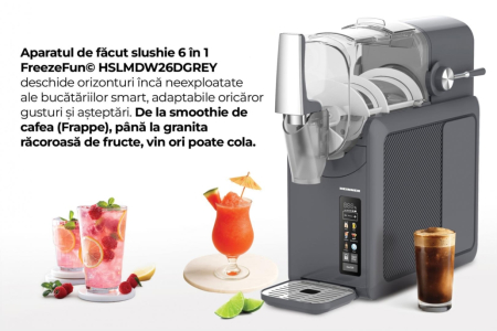 Aparat de facut granita 6 in 1 Heinner FreezeFun HSLM-DW26DGREY, 220 W, Capacitate totala: 2.6 l, Capacitate ingrediente: 1.9 l, Ecran LED si control tactil, 6 functii: slushie, bere, vin, mix bauturi [8]