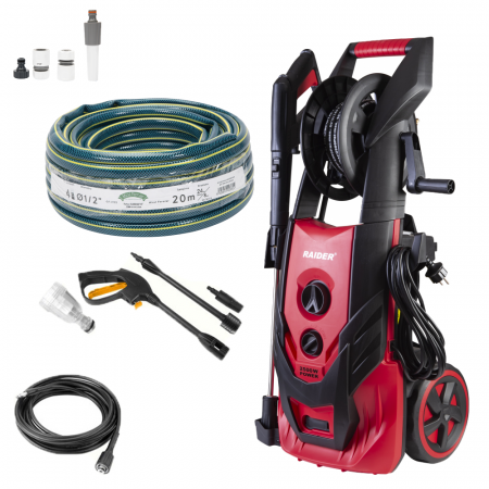 Aparate de spalat cu presiune - PACHET - Aparat de spalat cu presiune RAIDER 195 Bari, putere 2500W, debit 7.8L/min, RD-HPC08 + Furtun de gradina BLUEBOS PLUS 1/2" (14 mm) 20m, set duze de conectare