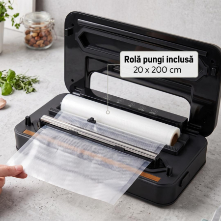 Aparat de Vidat și Sigilat Heinner FoodPrime Seal HAV-Y1109SS, 110 W, 9 L/min, 0,75 Bar, Control Tactil, Vidare Umedă/Uscată, Funcție Pulse, Cutter Inclus, Negru/Inox [7]