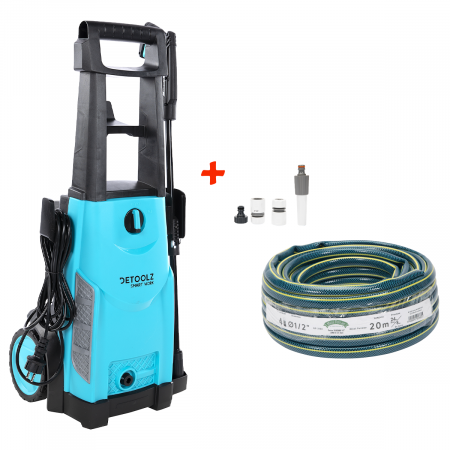 Aparate de spalat cu presiune - PACHET - Aparat spalat cu presiune DETOOLZ, presiune 135 bari, putere 1800 W, debit 6 l/min, DZ-CI109 + Furtun gradina BLUEBOS PLUS 1/2" (14 mm) 20m, set duze de conectare