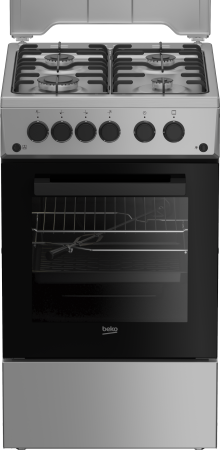 Marelvi - Aragaz Beko, 4 arzatoare cu eficienta ridicata, aprindere electrica plita si cuptor, grill gaz, rotisor, iluminare cuptor, timer mecanic, capac metal, culoare inox+silver