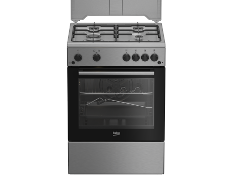 Marelvi - Aragaz Beko, 4 arzatoare cu eficienta ridicata, aprindere electrica plita si cuptor, grill, rotisor, iluminare cuptor, timer mecanic, capac metal, culoare inox+silver
